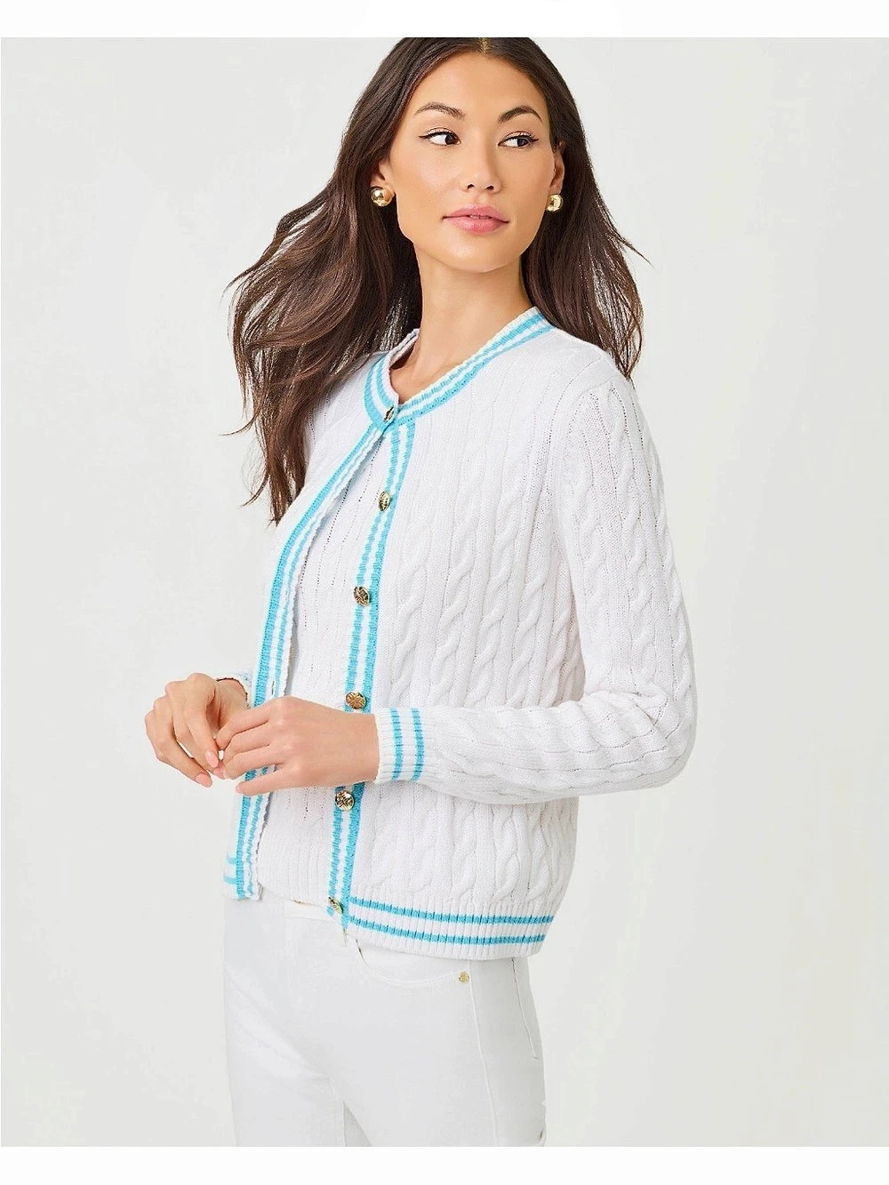 NWT Lilly Pulitzer Brockton Crew Neck Cardigan White & Blue Small